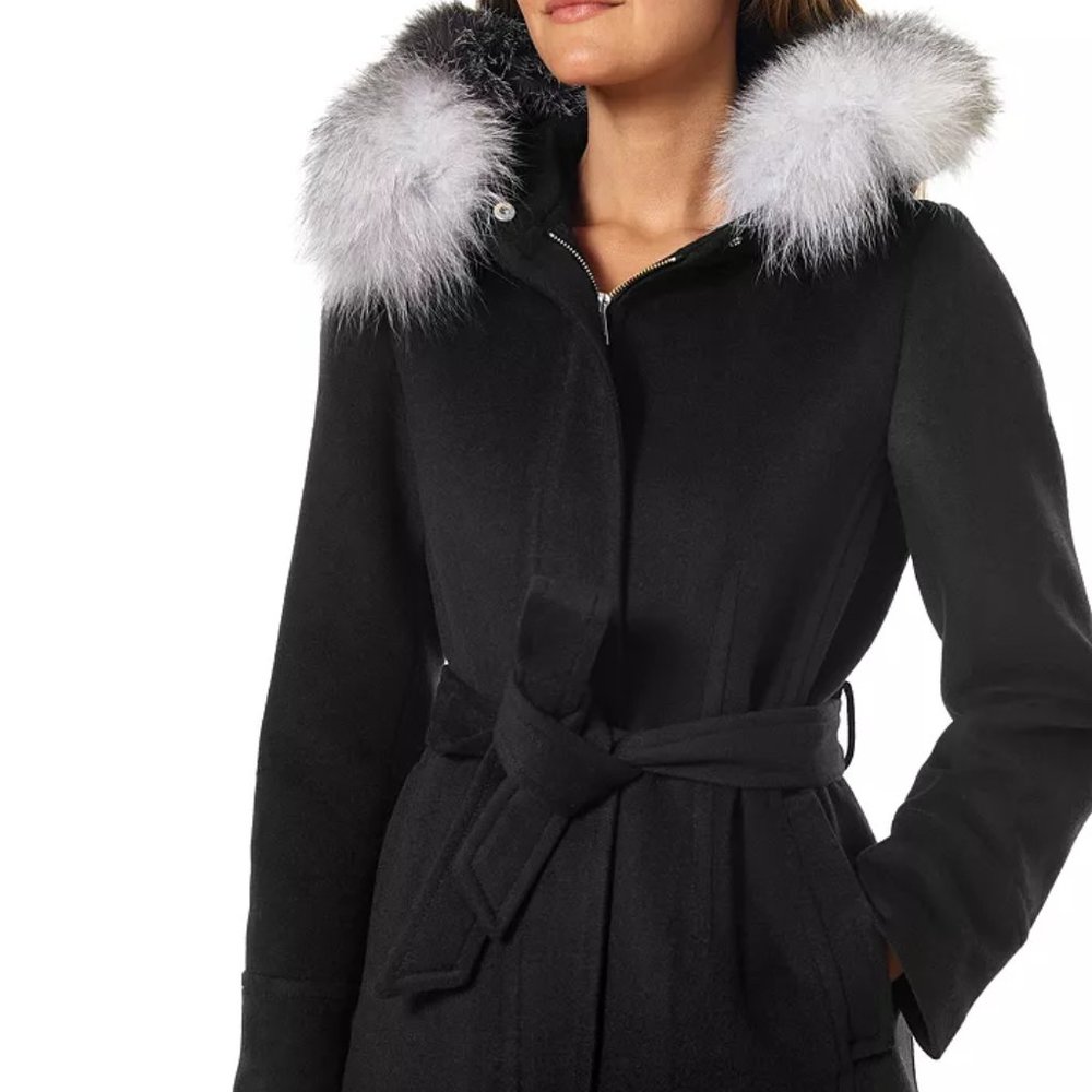 One Madison Fur Trim Wrap Coat
